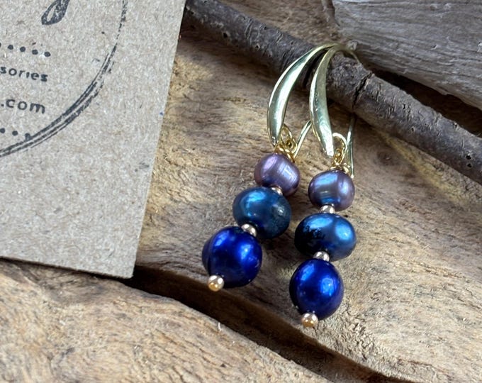 Handmade  Blue Pearls Earrings: Gold plated bridesmaids jewelry