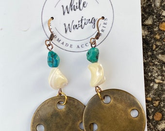 Boho bronze tone long earrings/ turquoise/ shell/ recycled