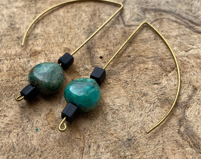Turquoise Stone Brass Threader Earrings: Handmade Czech Glass Beads