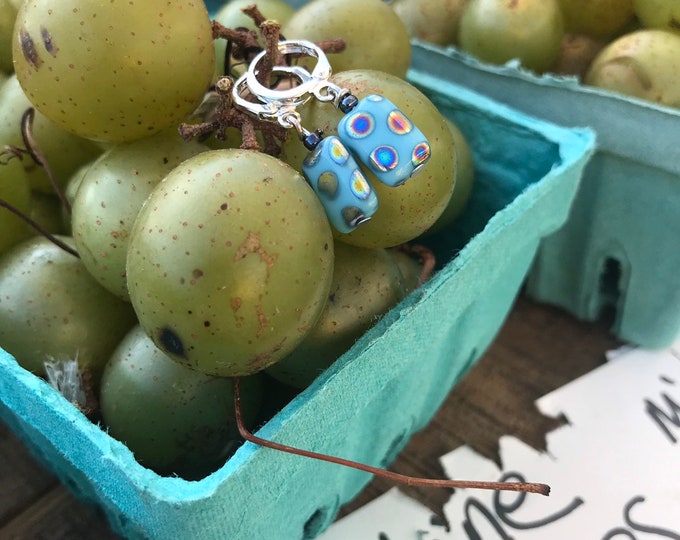 Small blue rectangular glass hoop earrings / silver hoop earrings / geometric blue earrings