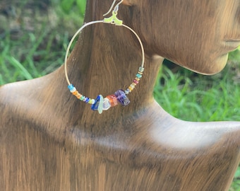 Silver and semiprecious stone hoop earrings / minimalist colorful hoop earrings