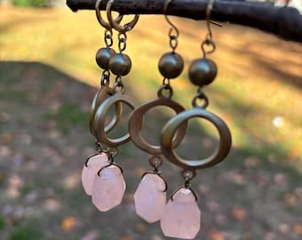 Rose Quartz long drop Earrings: eco friendly Gold Plated Modern Jewelry