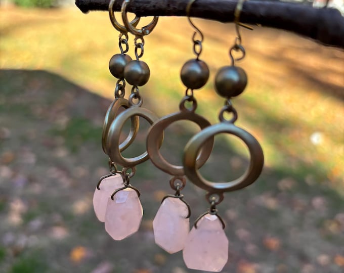 Rose Quartz long drop Earrings: eco friendly Gold Plated Modern Jewelry