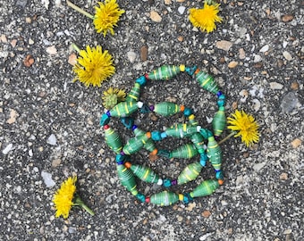 Emerald green and Turquoise Paperbead stretch bracelet- / recycled/ Haitian paperbeads/ boho paper and stone bracelet