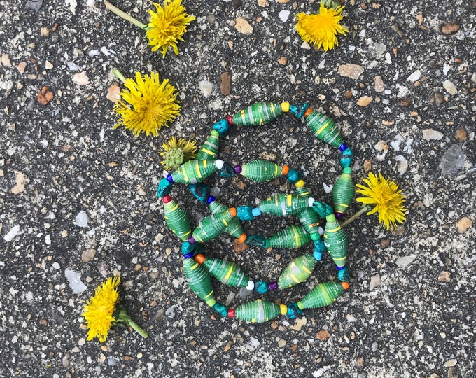 Emerald green and Turquoise Paperbead stretch bracelet- / recycled/ Haitian paperbeads/ boho paper and stone bracelet