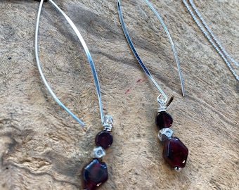 Modern Garnet threader sterling silver earrings/ birthstone set
