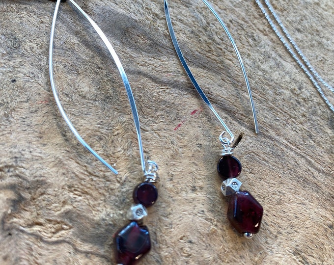 Modern Garnet threader sterling silver earrings/ birthstone set