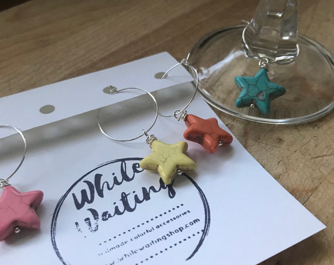 Multi colored Star Wine glass charms- turquoise , minimalist set of 4/ hostess gift/ stone wine charms