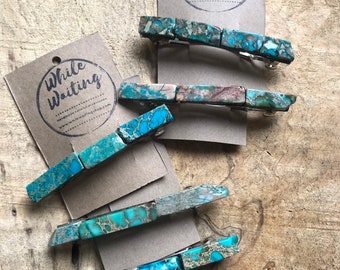 Turquoise Stone Hair Barrettes - Set of 5 Aqua Hair Clips (4 Inch)