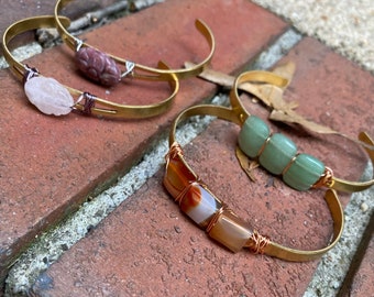 Boho brass cuff bracelet/ jade / carnelian pink wood jasper/ rose quartz stone / adjustable bangle