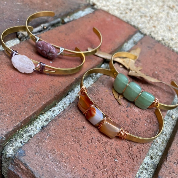 Boho brass cuff bracelet/ jade / carnelian pink wood jasper/ rose quartz stone / adjustable bangle