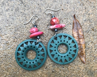 red stone/ emerald green wood hoop earrings / bohemian wood earrings / statement earrings