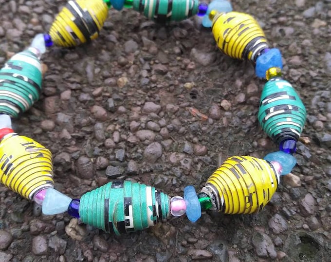 Paperbead stretch bracelet- multicolored/ recycled/ Haitian paperbeads/ boho yellow and green