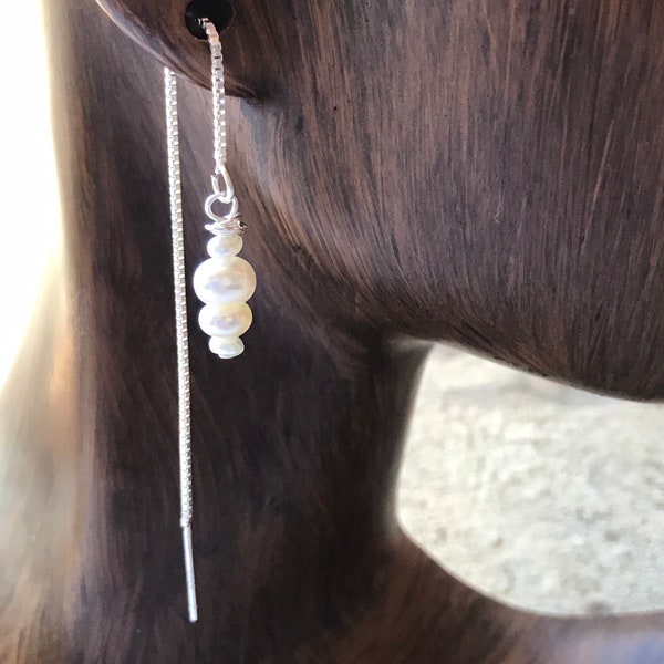 Petite stacked pearl threader earrings/ sterling silver threader pearls