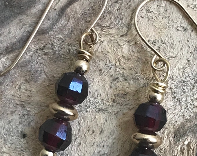 Garnet gold filled earrings/ small garnet earrings/ small red stone earrings/ gold filled earrings/ January birthstone