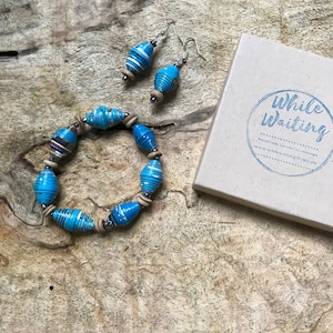 Turquoise paper bead bracelet and earrings set/ handmade bracelet set/ eco- friendly gift set