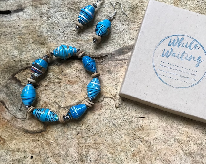 Turquoise paper bead bracelet and earrings set/ handmade bracelet set/ eco- friendly gift set