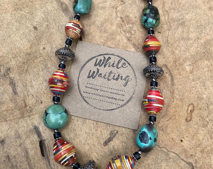 Turquoise Statement Necklace: Silver, Haitian Paperbead, Bold Design