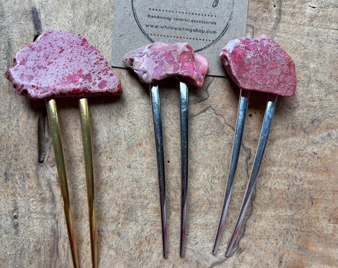 Red Jasper Stone Hair Fork: Gold Tone Boho Hair Clip