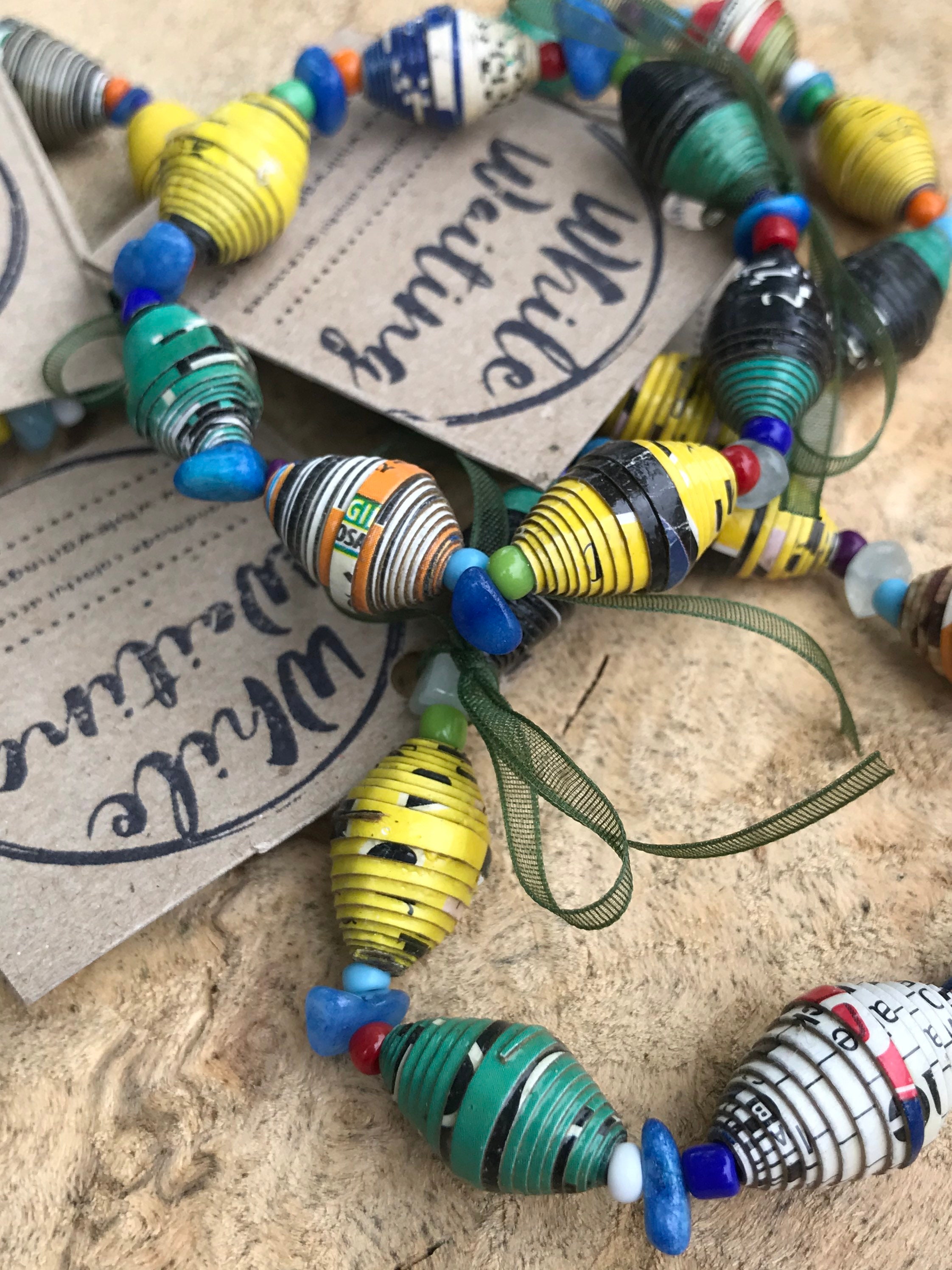 Wholesale / bulk bracelets/ recycled paperbead bracelets/ green& yellow blue