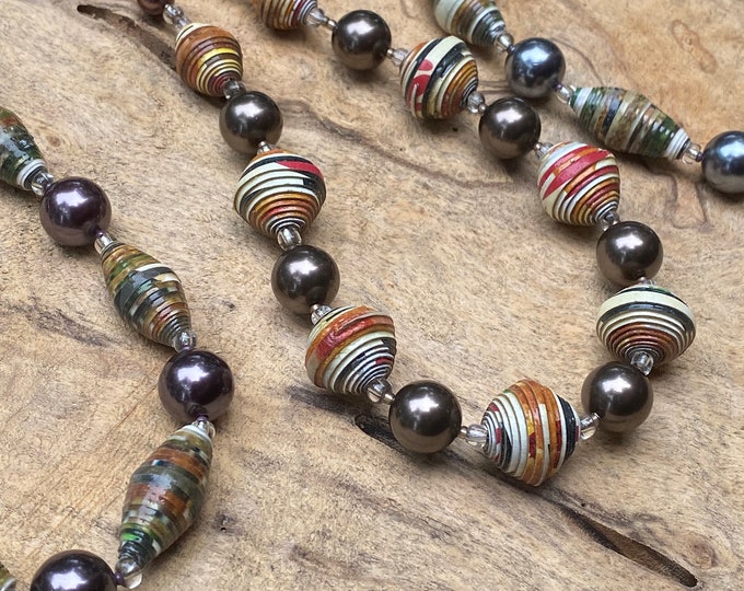 Dark fall and rich multi colored necklace/ paper and pearl necklace/ paperbead necklace/ beaded necklace