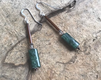 Zoisite Dangle Earrings: Sterling Silver, Brown Glass, Czech Crystal