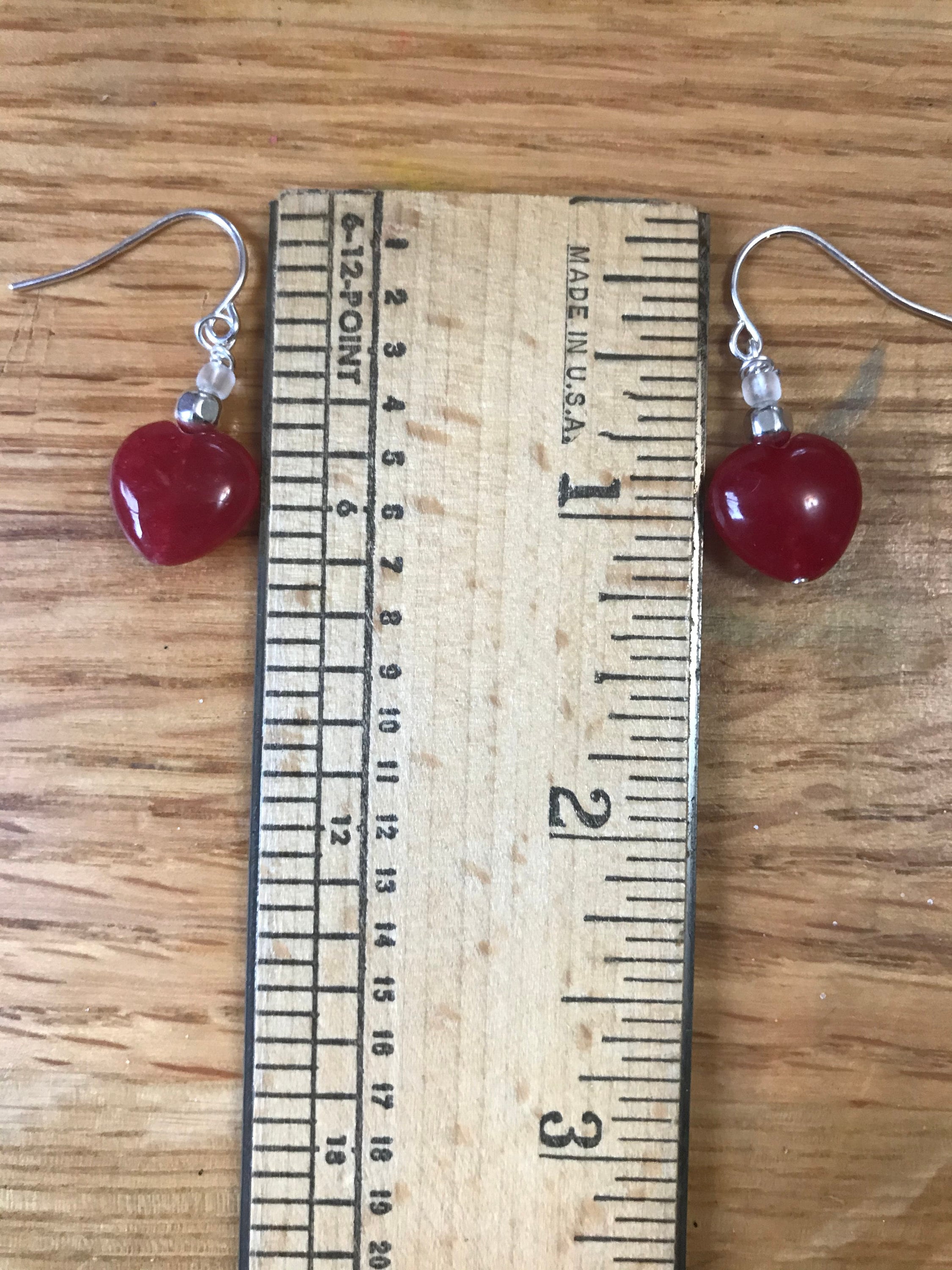 Valentines earrings/ Red heart earrings/ sterling silver glass