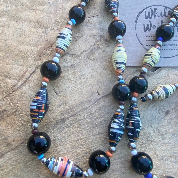 Silver, Orange and black paperbead necklace /classic black & autumn color necklace / paper bead necklace / black and orange necklace set