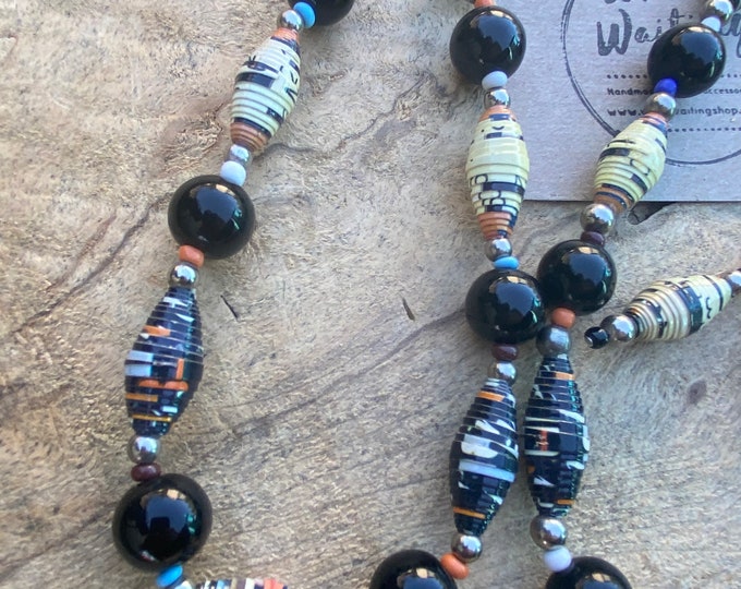 Silver, Orange and black paperbead necklace /classic black & autumn color necklace / paper bead necklace / black and orange necklace set