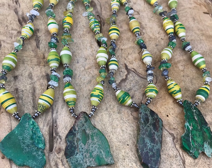 Emerald green jasper stone necklace- green/ yellow / silver/ paperbead necklace/ pendant necklace/ hippie necklace