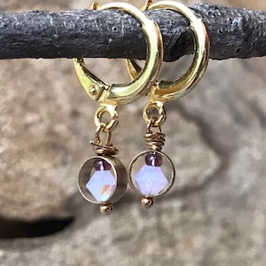 Violet opal mini Huggies hoops/ small hoop earrings/ 14k gold