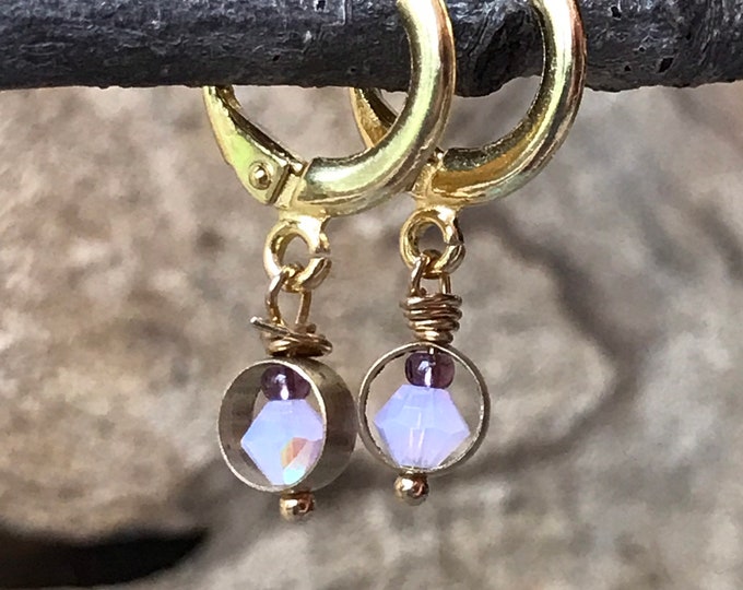 Violet opal mini Huggies hoops/ small hoop earrings/ 14k gold