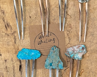 Turquoise Stone hair fork/ green blue fork / druzy hair fork/ western hair accessory / raw stone hair fork/ boho hair pin/ hair stick
