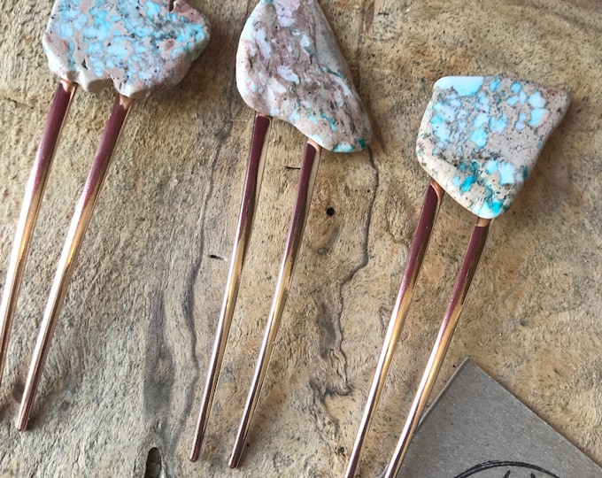 Turquoise brown Stone hair fork/ natural tone hair fork / tan hair fork/ hair accessory / raw stone hair fork/ boho hair pin/ hair stick