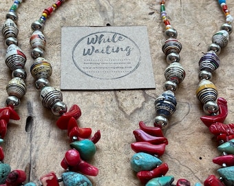 Red coral Turquoise Statement Necklace: Silver, Haitian Paperbead, Bold Design