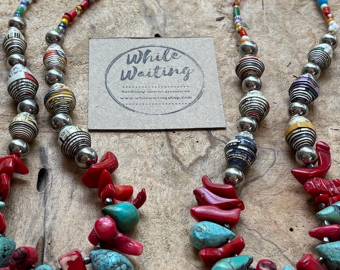 Red coral Turquoise Statement Necklace: Silver, Haitian Paperbead, Bold Design