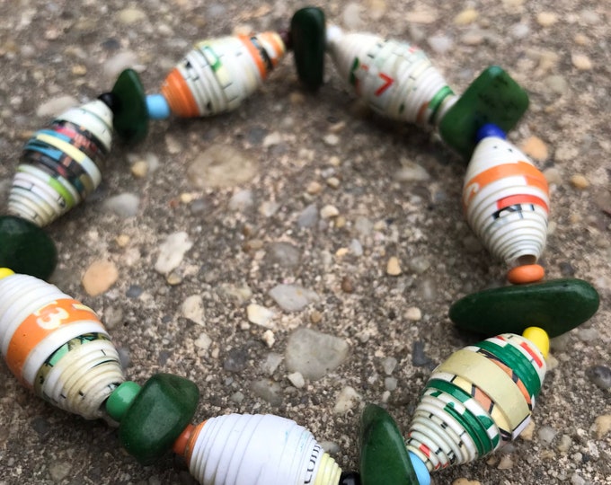 Emerald green Paperbead stretch bracelet- multicolored/ recycled/ Haitian paperbeads/ boho green white and orange