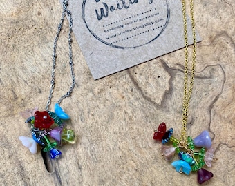 floral dangle cluster glass necklace- multicolored gold/silver