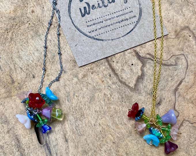 floral dangle cluster glass necklace- multicolored gold/silver