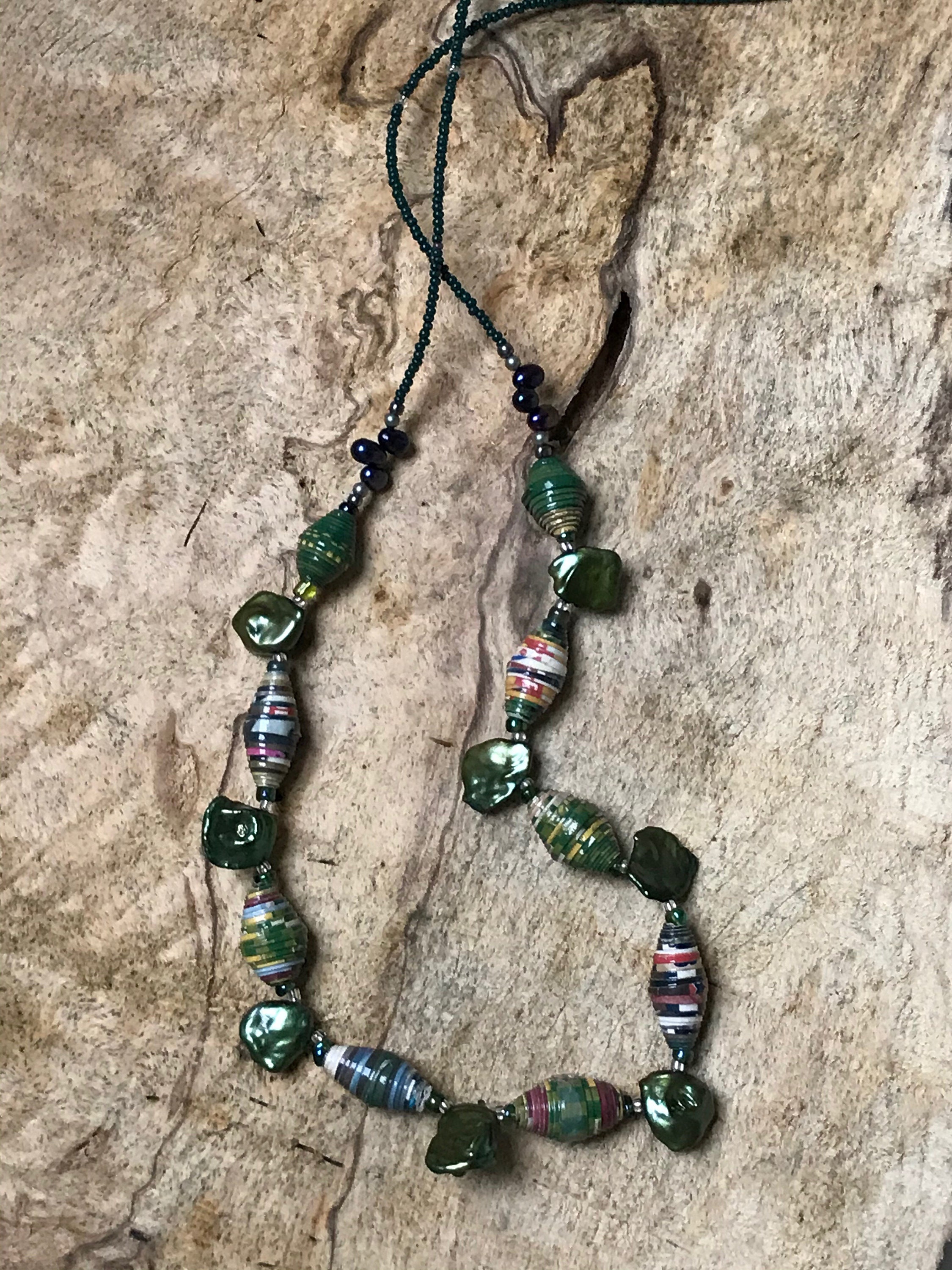 Emerald green Paper and Keshi pearl beaded necklace- haitian paper and ...