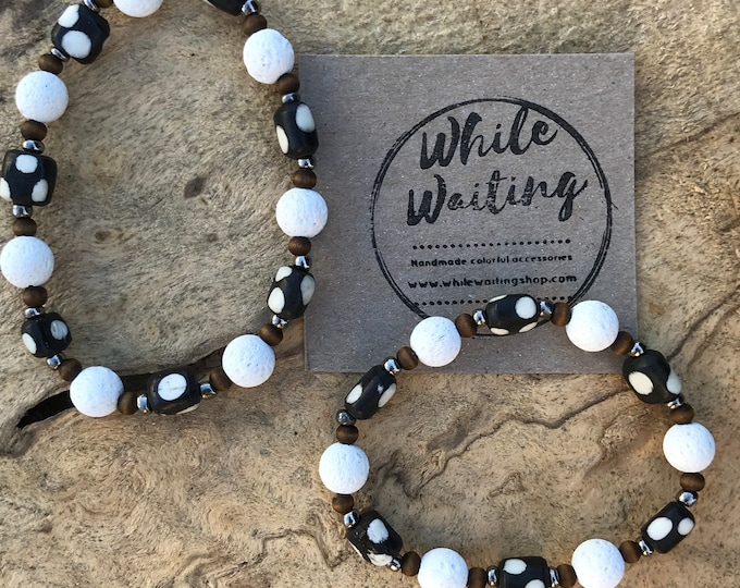 White and black dot Diffuser stretch bracelet/ African bone/ lava/ glass/ recycled wood/ Unisex / Essential Oils Jewelry