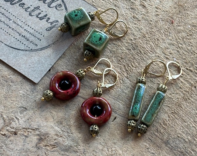 Green or red  ceramic geometric Earrings: Gold Plated Lever Back Statement Earrings