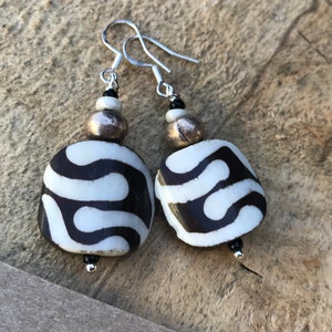 African Bone earrings/ brown & white tribal earrings/ silver