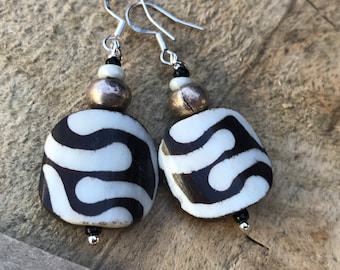 African Bone earrings/ brown & white tribal earrings/ silver