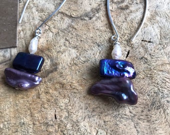 Keshi Navy/Purple Pearl modern threader earrings/ sterling silver threader earrings/ dyed Pearl