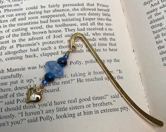 Blue gold Heart charm bookmark/ gold heart charm bookmark / blue heart gifts for readers