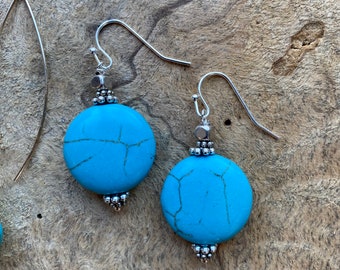 Turquoise stone disk  earrings/ sterling silver/ silver earrings/ turquoise earrings