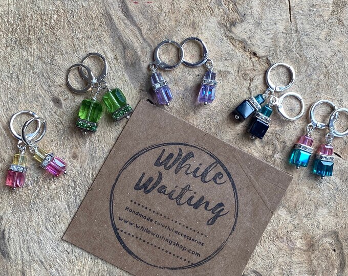 Square pastel hoop iridescent earrings/ small sterling silver earrings/ Czech glass bead/ minimalistic earrings