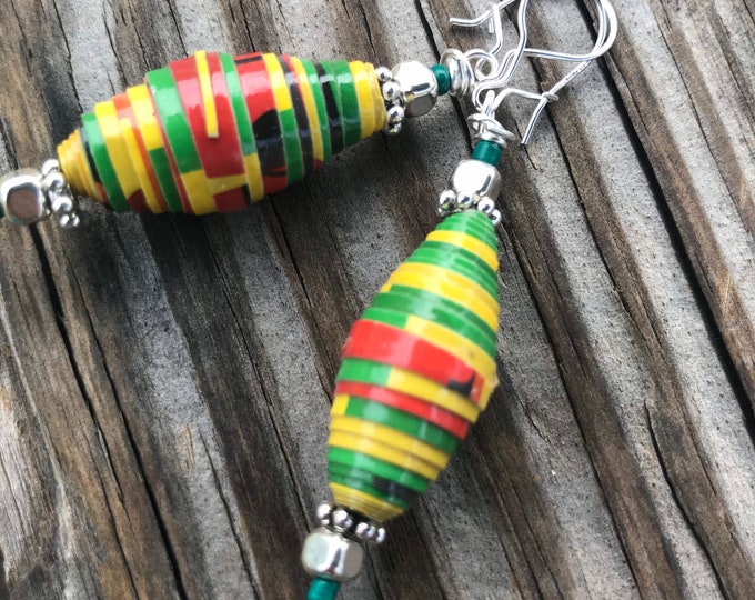 Sterling silver black, yellow & green paperbead earrings / multicolored earrings ecofriendly jewelry