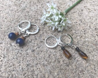 Small tigers eye  or lapis stone hoop earrings / silver hoop earrings / geometric brown or blue earrings